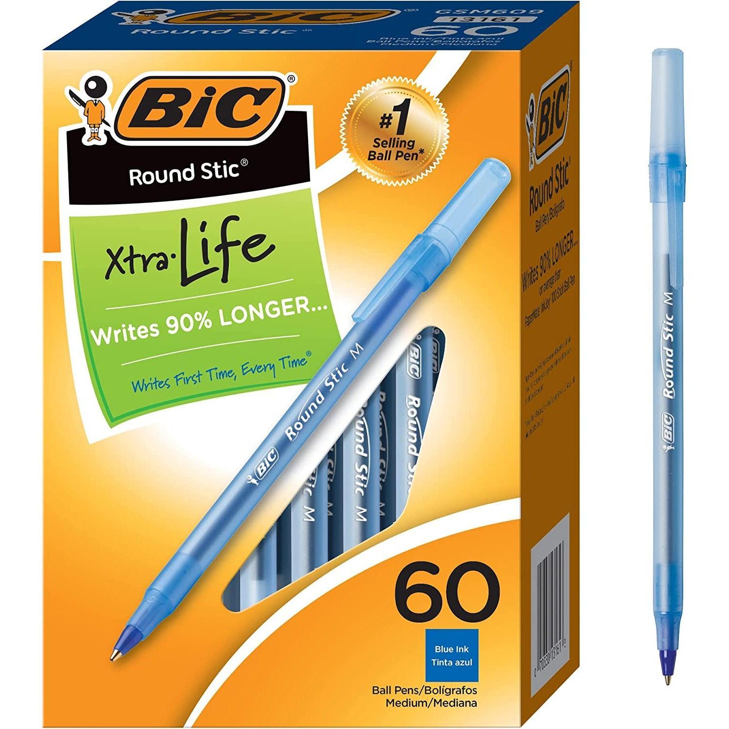 BIC Round Stic Xtra Life Ballpoint Pens, Medium Point (1.0mm), Blue, 60-Count - BumbleToys - 5-7 Years, Drawing & Painting, Pencil, School Supplies, Stationery & Stickers