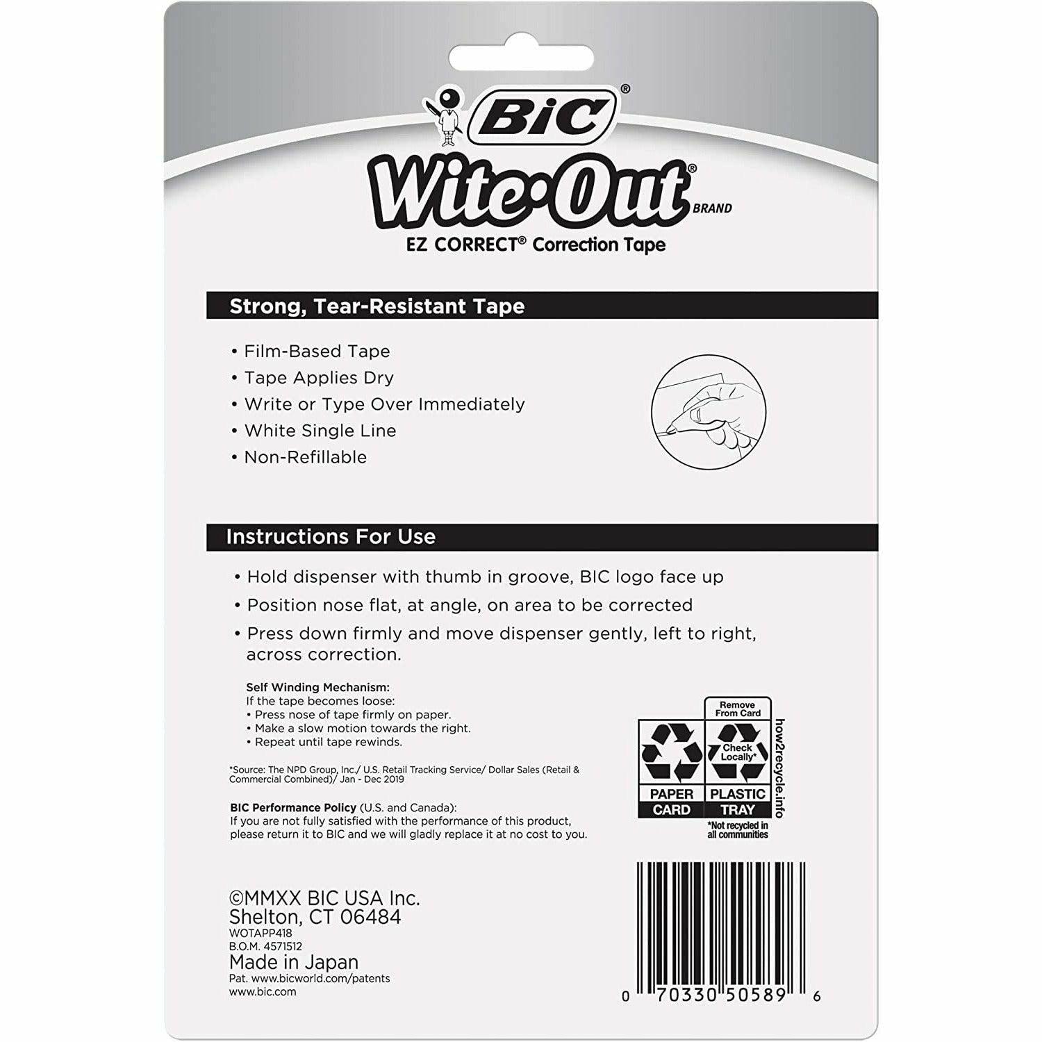 BIC Wite-Out Brand EZ Correct Correction Tape - Applies Dry, White, Clean & Easy To Use, Tear-Resistant Tape, 4-Count, Dispenser colors may vary - BumbleToys - 14 Years & Up, 18+, 5-7 Years, 6+ Years, 8-13 Years, Drawing & Painting, OXE, Pencil, School Supplies, Stationery & Stickers