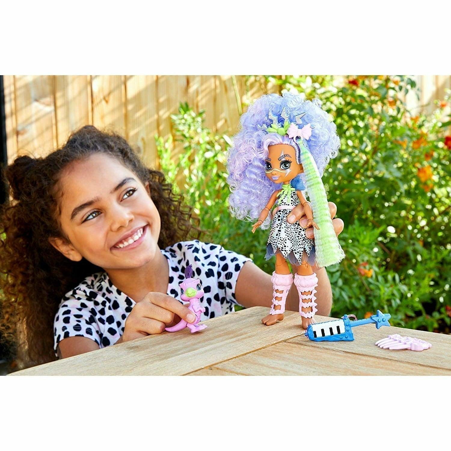 Cave Club Bashley Doll (8 - 10-inch, Lavender Hair) Poseable Prehistoric Fashion Doll with Dinosaur Pet and Accessories - BumbleToys - 4+ Years, 5-7 Years, Dolls, Fashion Dolls & Accessories, Girls, OXE