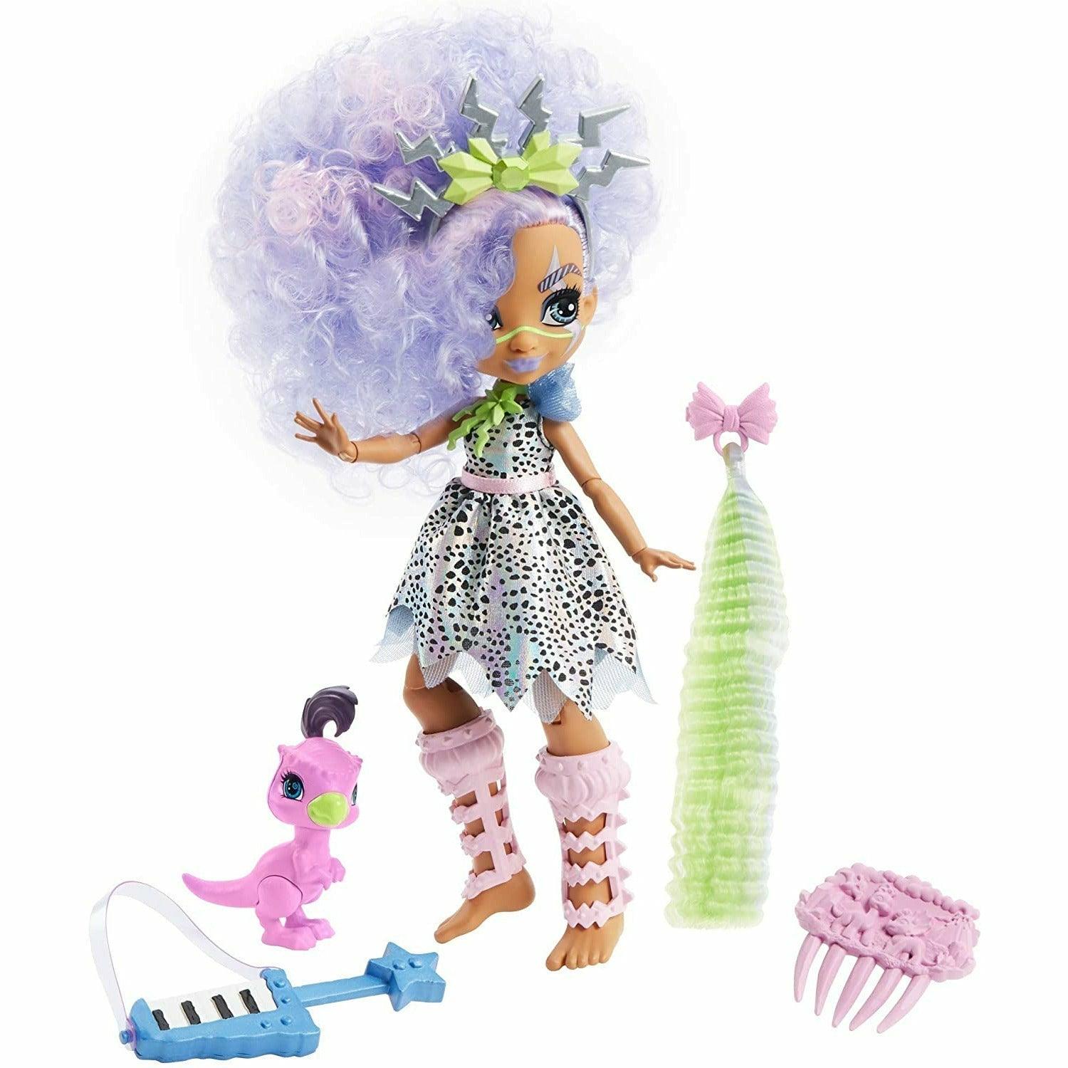 Cave Club Bashley Doll (8 - 10-inch, Lavender Hair) Poseable Prehistoric Fashion Doll with Dinosaur Pet and Accessories - BumbleToys - 4+ Years, 5-7 Years, Dolls, Fashion Dolls & Accessories, Girls, OXE