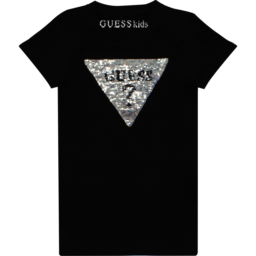 Guess Kids Black Cotton Glitter Front Logo T-shirt - BumbleToys - casual, Clothes, Clothing, Girls, Guess Kids, Kids Fashion