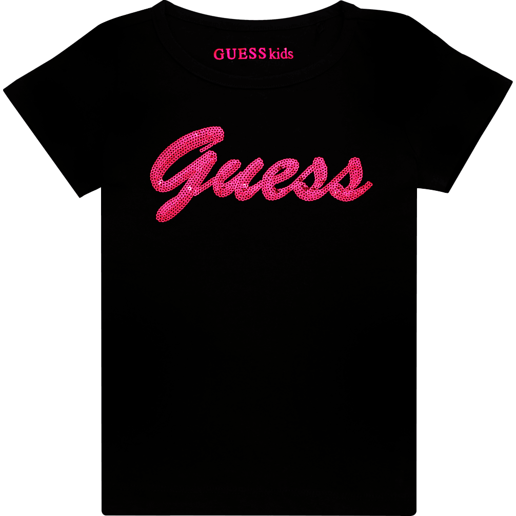 Guess Kids Black Cotton T-shirt With Pink Glitter Logo - BumbleToys - casual, Clothes, Clothing, Girls, Guess Kids, Kids Fashion