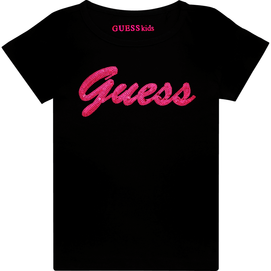 تي شيرت قطن أسود من Guess للأطفال بشعار وردي لامع