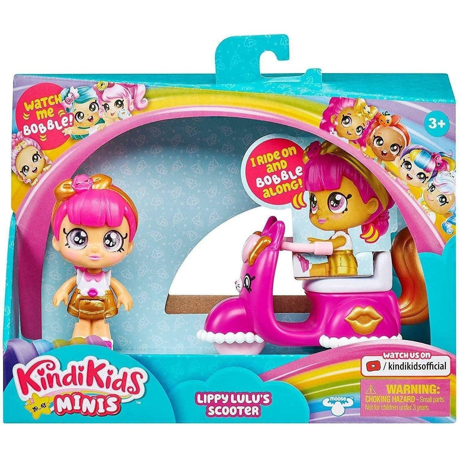 Kindi Kids Minis - Lippy Lulu's Scooter - Collectible Vehicle and Posable Bobble Head Figurine - BumbleToys - 5-7 Years, Fashion Dolls & Accessories, Girls, Kindi Kids, Scooter