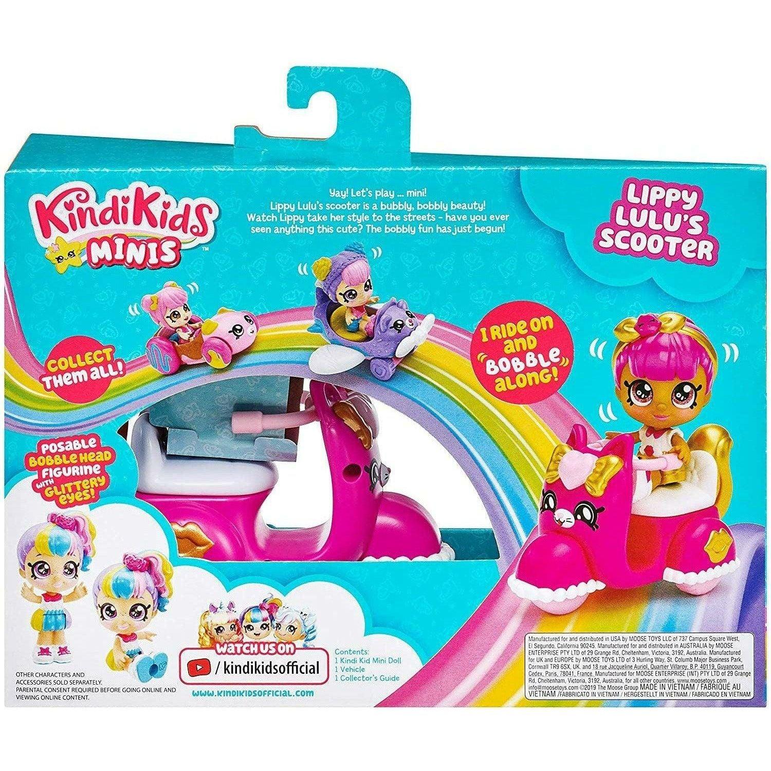 Kindi Kids Minis - Lippy Lulu's Scooter - Collectible Vehicle and Posable Bobble Head Figurine - BumbleToys - 5-7 Years, Fashion Dolls & Accessories, Girls, Kindi Kids, Scooter