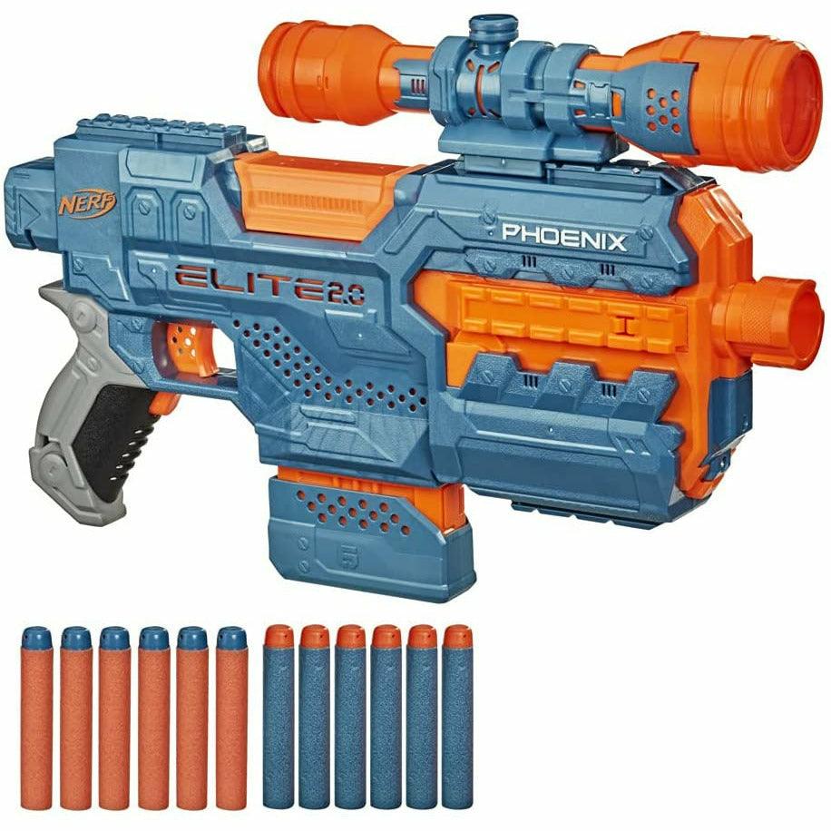 Nerf Elite 2.0 Phoenix CS-6 Motorised Blaster, 12 Official Nerf Darts, 6-Dart Clip, Scope, Tactical Rails, Barrel and Stock Attachment Points - BumbleToys - 6+ Years, Blasters, Blasters & Water Pistols, Boys, Fortnite, Guns, Pre-Order